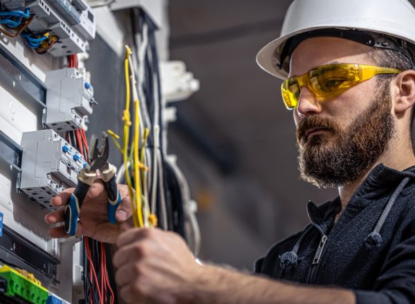 male-electrician-works-switchboard-with-electrical-connecting-cable